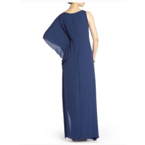 BCBGMaxAzria Janus Classic Navy One Shoulder Column Dress, Flutter Slv, EUC, S.4 - Picture 2 of 11
